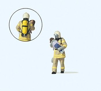 Preiser 28252 - H0 - Feuerwehrmann, Kind rettend. Beige Uniform