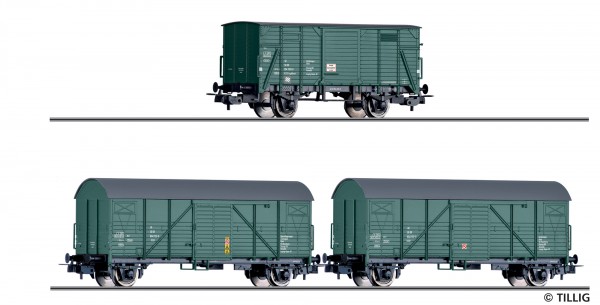 Tillig 70050 - H0 - Güterwagenset „Bauzugwagen“ der DR, bestehend aus 3 gedeckten Güterwagen, Ep.IV