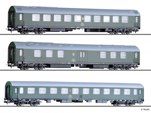 Tillig 70048 - H0 - Reisezugwagenset "Salonwagenzug 4" der DR, bestehend aus Salonspeisewagen