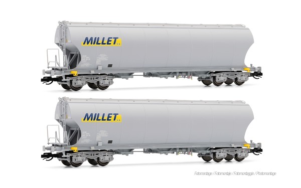Arnold HN9763 - TT - F-MISA, 2-tlg. Set 4-achs. Getreidesilo-Wagen mit runden Seitenwänden, MILLET