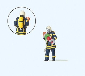Preiser 28251 - H0 - Feuerwehrmann, Kind rettend. Blaue Uniform