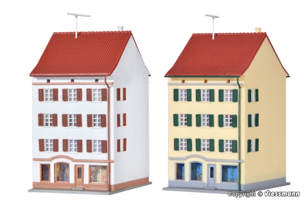 Kibri 36843 - Z - Mehrstöckiges Wohnhaus mit Ladengeschäft, 2 Stk., je L 8,4 x B 5,7 x H 8,5 cm
