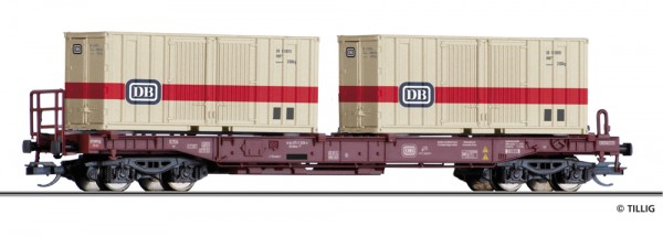 Tillig 18154 - TT - Taschenwagen Sdkms 707 der DB, beladen mit zwei Containern, Ep. IV