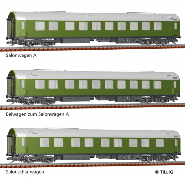 Tillig 01778 - TT - Reisezugwagenset Salonwagenzug 2 der DR, bestehend aus Salonwagen A, Beiwagen