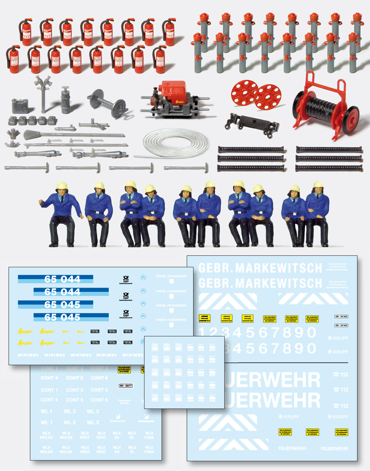 Preiser 16351 Feuerwehrleute Figuren-Set – 20 Figuren & Ausrüstung, HO Maßstab, Unlackiert