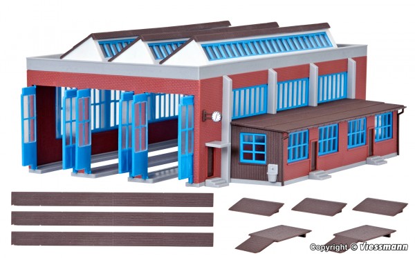 Kibri 37806 - N - Lokschuppen, dreiständig, L 18,5 x B 14 x H 6,8 cm