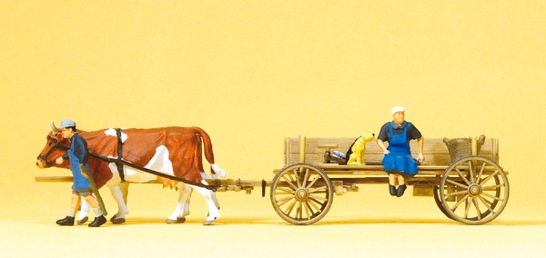 Preiser 30412 - H0 - Bauernwagen, 2 Bauersleute, 2 Kühe & Hund