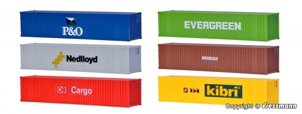 Kibri 10922 - H0 - 40-Fuß-Container, 6 Stk., L 14 x B 2,9 x H 2,8 cm