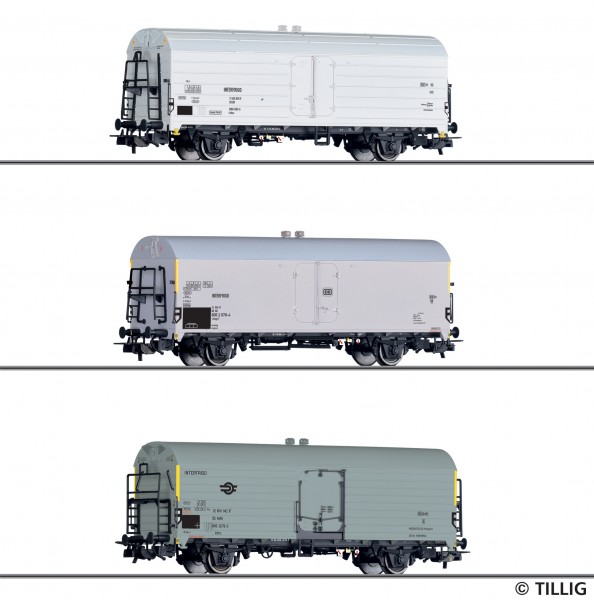 Tillig 70052 - H0 - Güterwagenset „INTERFRIGO“ der DR, DB und MAV, bestehend aus 3 Kühlwagen, Ep.IV