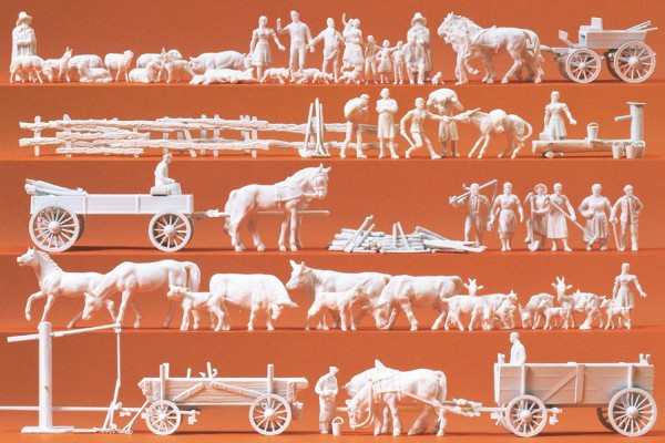 Preiser 16327 - H0 - Ländliche Gruppen und Gespanne, 60 Figuren unbemalt