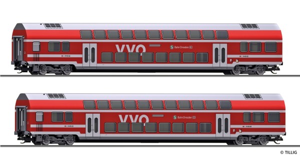 Tillig 01093 - TT - Reisezugwagenset "S-Bahn Dresden" der DB AG, bestehend aus zwei Doppelstockwagen