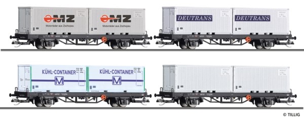 Tillig 502704 - TT-Club - Containertragwagen-Set, DR, Ep.IV, bestehend aus vier Lgkks mit je zwei Co