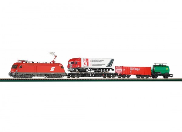 Piko 57177 - H0 - Start-Set mit Bettung E-Lok ÖBB Taurus + Güterwg.