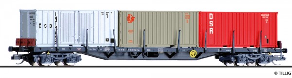 Tillig 18127 - TT - Containertragwagen Rgs 3910 der DR, beladen mit drei verschiedenen 20-Containern