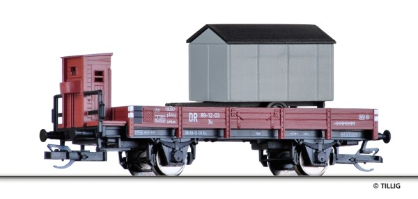 Tillig 502598 - TT-Club - Niederbordwagen X, beladen mit Bauwagen der DR, Ep.III