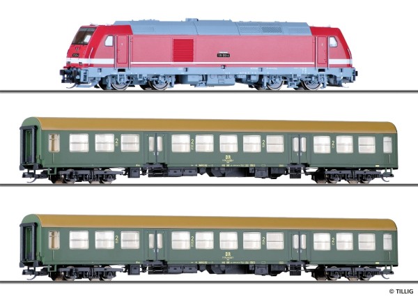 Tillig 01504 - TT - Einsteiger-Set: Reisezug der DR, bestehend aus Diesellokomotive "TRAXX" und zwei