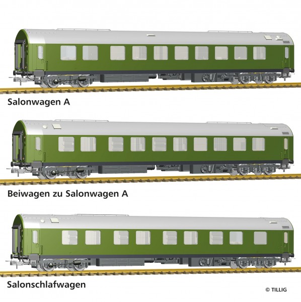 Tillig 70039 - H0 - Reisezugwagenset "Salonwagenzug 2" der DR, bestehend aus Salonwagen A, Beiwagen